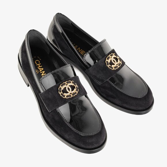 Chanel 22K Black Patent and Suede Crystal-CC Loafers, Size 8.5 - Picture 1 of 11
